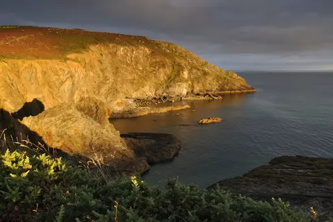 Falaises dorées de la presqu'île de Crozon dans la lumière du soir, dans le Finistère